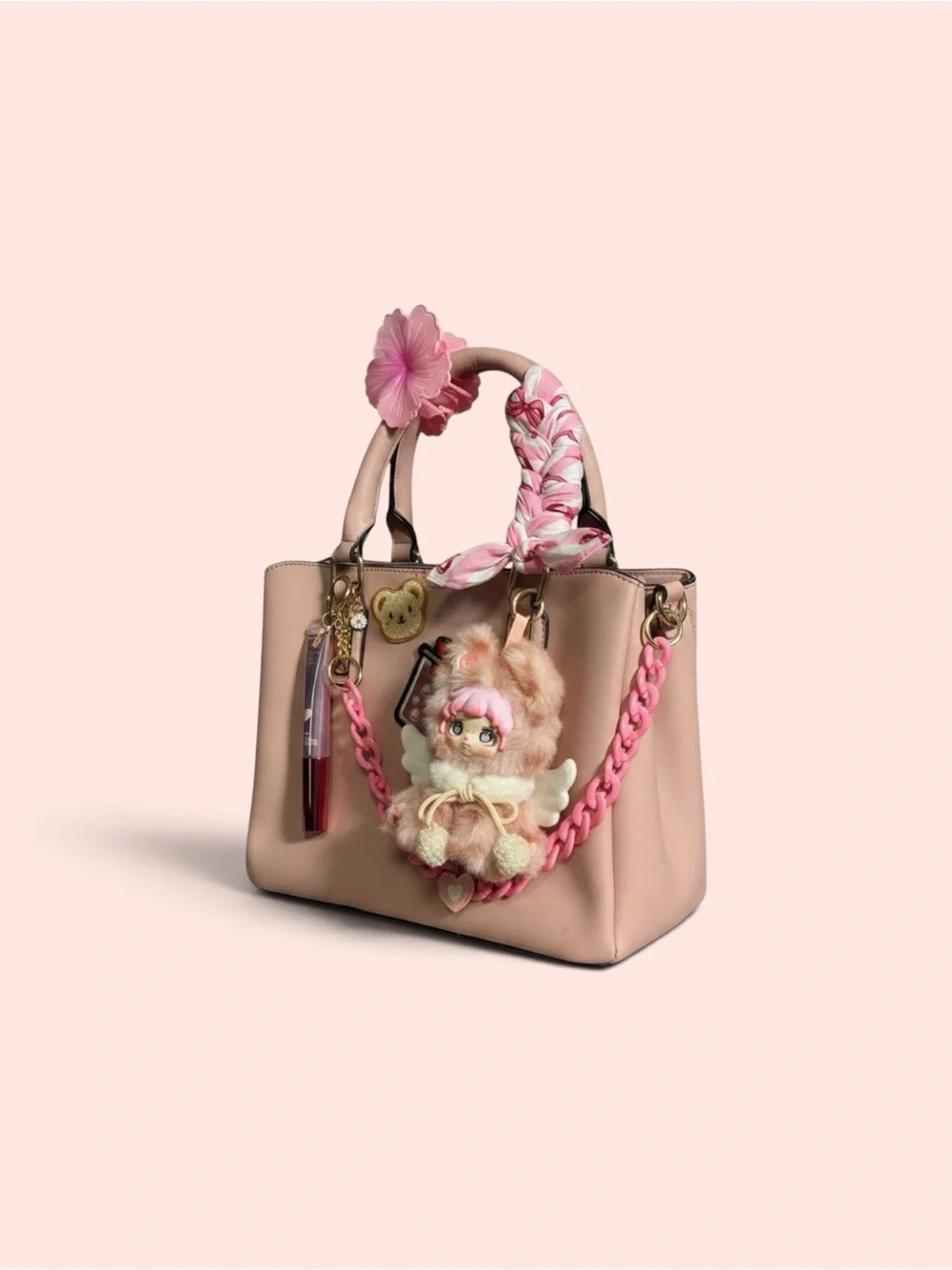 Chic Pink faux leather purse with authentic Dumia Plush. Collectible.